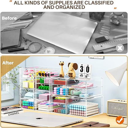caktraie Makeup Organizer Storage with 16 Drawers, 4 Pcs Desktop Office Supplies, Desk Organizers, Clear Accessories, Dustproof Storage Drawer and for Make Up, Jewelry, Pen, Stationary