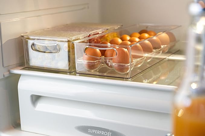 Pikanty - Egg Holder and Fridge Organizer | Clear Food-Grade Plastic Refrigerator Egg Storage Container | Holds Up to 17 Eggs | Dishwasher Safe, Heat and Freezer Resistant | Made in USA