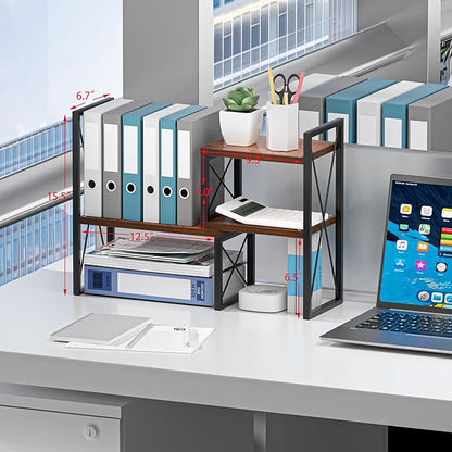 Desktop Shelf Organizer,Small Bookshelf for Office,Wood Desk Top Shelves, Office Organization and Storage (Brown)