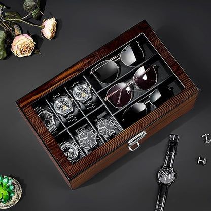 BEWISHOME Men’s Jewelry Box Organizer with Watch Box, 6-Slot Watch Box & Sunglasses Organizer with Drawer, PU Leather Interior, Solid Wooden Watch Case Display with Large Clear Glass Lid, Gift Idea