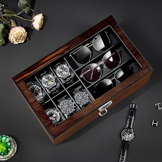 BEWISHOME Men’s Jewelry Box Organizer with Watch Box, 6-Slot Watch Box & Sunglasses Organizer with Drawer, PU Leather Interior, Solid Wooden Watch Case Display with Large Clear Glass Lid, Gift Idea