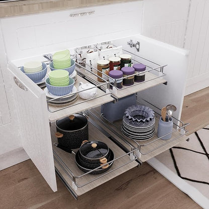 Pull Out Cabinet Organizer 15" W X 22" D, Slide Out Drawers For Kitchen Organizers and Storage, Pull Out Drawers For Cabinets Capacity Heavy Duty Caddy, Cabinet Shelves Wood Chrome, Pantry Storage