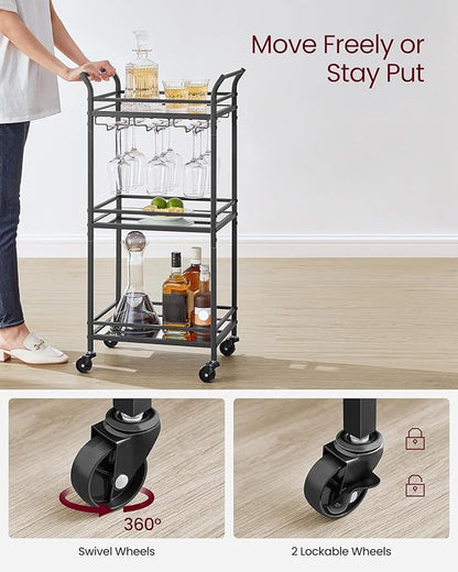 VASAGLE Bar Cart, Home Bar Serving Cart, Small Bar Serving Cart with 3-Tier Shelf, Wine Holders, Glass Holders, Mini Bar Cart for Small Spaces, Kitchen, Dining Room, Living Room, Ink Black