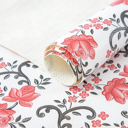 FIFTY FEET 12X120 Inch Shelf Liner for Kitchen Cabinets, PVC Drawer Liner for Dresser Non-Slip Bathroom, Non-Adhesive Cabinet Liner Washable (Red Floral)(6 Roll)
