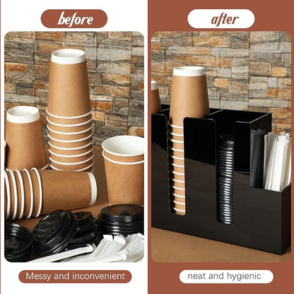 Cunhill 4 Compartments Acrylic Coffee Cup and Lid Storage Organizer Holder Disposable Paper Cup Dispenser Organizer Plastic Lid Holder Accessories for Kitchen Bar Shop Party Supplies(Black)