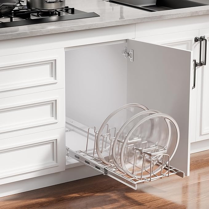 STORKING Slide Out Pot Lid Organizer Under Cabinet, Wire Dividers Kitchen Pull Out Pot Lid Storage Rack Holder, Full-Extension Rail 21" W*22" D