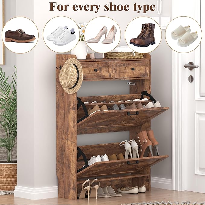Shoe Cabinet with 2 Flip Drawers & 2 Storage Drawers, Rustic Farmhouse Narrow Shoe Organizer Cabinet, Slim Shoe Rack Cabinet, Shoe Storage Cabinet for Entryway, Hallway, Front Door