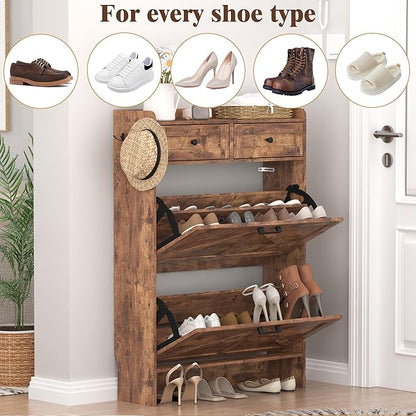 Shoe Cabinet with 2 Flip Drawers & 2 Storage Drawers, Rustic Farmhouse Narrow Shoe Organizer Cabinet, Slim Shoe Rack Cabinet, Shoe Storage Cabinet for Entryway, Hallway, Front Door