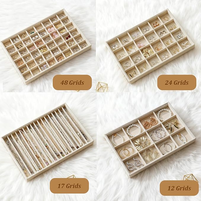 KATISYIO Large Jewelry Drawer Organizer Trays Set of 4, Stackable Velvet Jewelry Trays Organizer Holder Display Storage Showcase for Earring Necklace Bracelet Ring Accessary (Beige, 12+17+24+48 Grids)