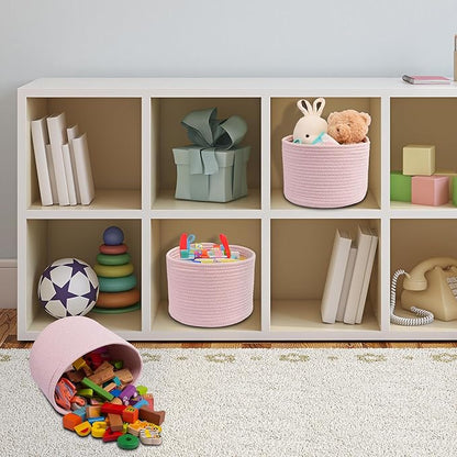 Woven Cotton Rope Storage Baskets - 3-Pack Round Bins (10x10x7'') for Shelves, Closets & Bookcases | Durable Rope Organizers for Nursery, Baby, Toys, Easter & More (pink)