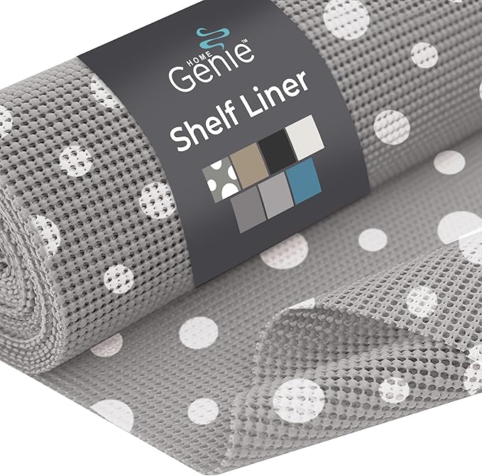 HOME GENIE Shelf Drawer and Cabinet Liner, Durable with Strong Grip, 20 in x 20 FT, Non Adhesive Liners Protect Kitchen Cabinets and Cupboard, Bathroom Drawers and Shelves, Desks, Dots Gray White
