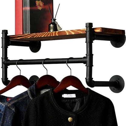 WEBI Wall Mounted Clothes Rack with Shelf,24" Industrial Pipe Clothing Rack with Shelves,Heavy Duty Iron Garment Bar,Retail Display Clothes Rod for Laundry Room,Black