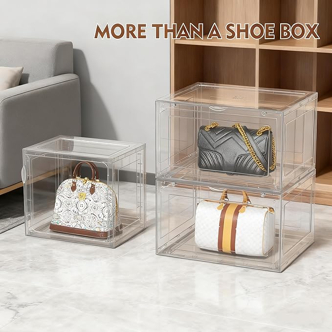 Parlynies 12 Packs Plastic Sneaker Storage Shoe Containers, Stackable Shoe Organizer with Doors, Acrylic Display Shoes Boxes