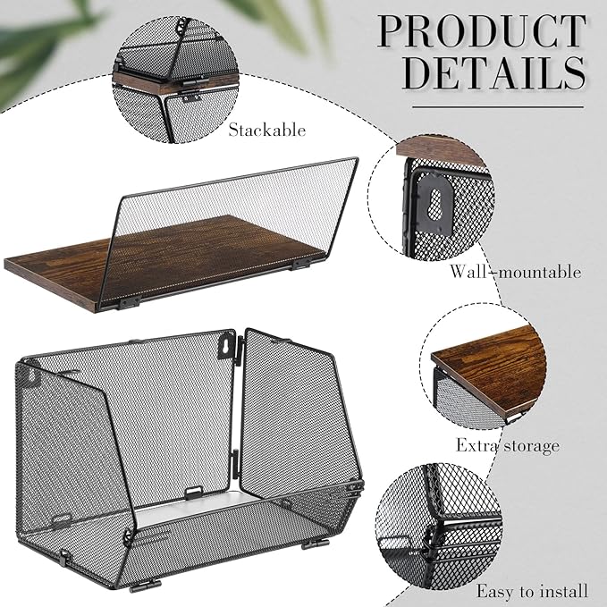 2 Pcs Stackable Mesh Fruit Basket with Lid Wall Produce Vegetable Storage Basket Onion Potato Snack Hanging Metal Wire Container for Kitchen Counter Pantry(Non-removable,Black,8.3"w & 13.8"l)