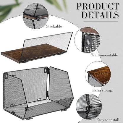 2 Pcs Stackable Mesh Fruit Basket with Lid Wall Produce Vegetable Storage Basket Onion Potato Snack Hanging Metal Wire Container for Kitchen Counter Pantry(Non-removable,Black,8.3"w & 13.8"l)