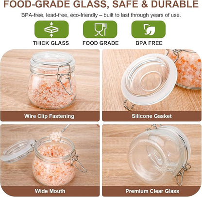 17oz Airtight Glass Jars with Clamp Lids, Small Food Storage Canisters Set of 6, Wire Clip Mason Jars for Canning Pickling Spice Herb