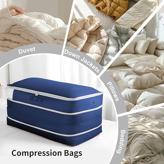 Easortm Comforter Storage Bag - Large Capacity Bedding Storage Bags Ultra Space Saving Self Compression Organizer, Washable Compression Bags for Storage Comforter Blanket Duvet, 4-Pack, Navy Blue