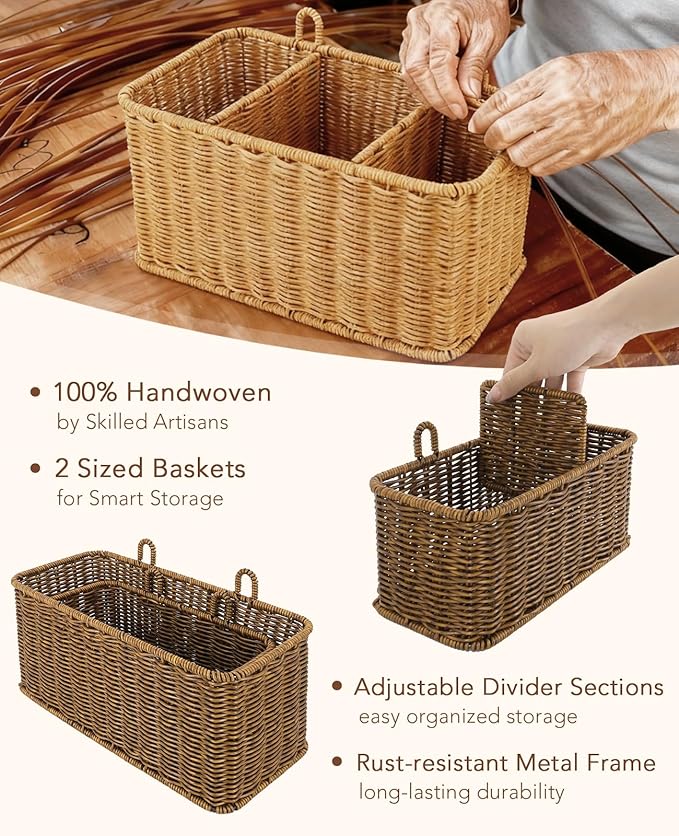 AceList Wall Hanging Basket with Compartment, Woven Hanging Storage Baskets with Hooks - Set of 2, Boho Organizer for Toilet Tank, Bathroom, Kitchen, and Pantry Decor