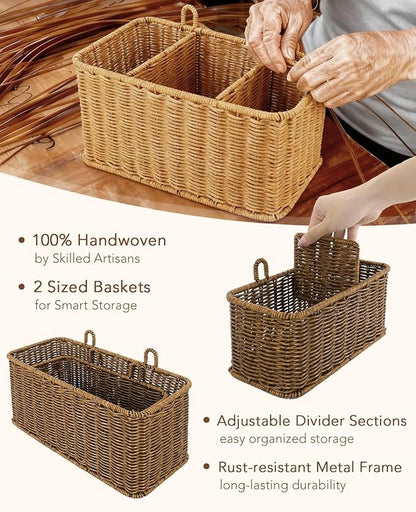 AceList Wall Hanging Basket with Compartment, Woven Hanging Storage Baskets with Hooks - Set of 2, Boho Organizer for Toilet Tank, Bathroom, Kitchen, and Pantry Decor