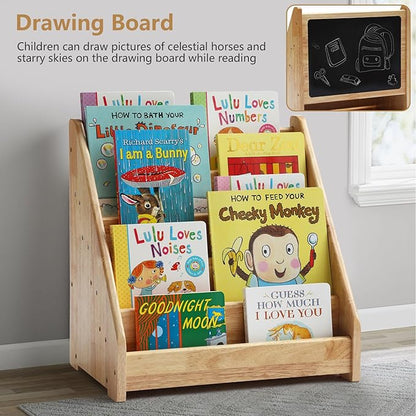 Montessori Bookshelf for Toddler 1-5 Years, Kids Wooden 5-Tier Front Facing Book Display Shelf with Chalkboard for Bedroom,Playroom,Classroom,Book Rack Organizer, Natural