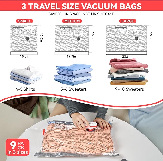 VACKFOX Travel Vacuum Storage Bags with USB and TYPE C Pump, 9 Pack Carry-On Size Compression Packing Bags for Luggage and Suitcase, Space Saver for Clothes and Clothing Travel（Red）