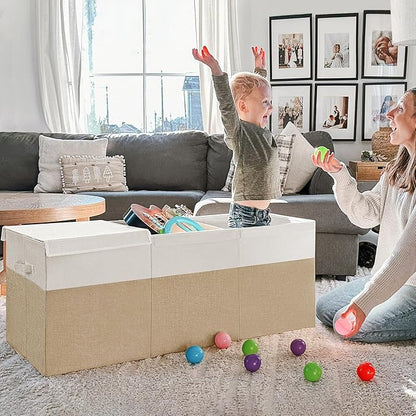 INDRESSME 185L Extra Large Toy Box, Toy Storage Organizer Collapsible Storage Bins with Lids Toy Chest for Playroom, Living Room, Toy Baskets Storage Kids, Boys Girls 39" x 17" x 17" (Beige & White)