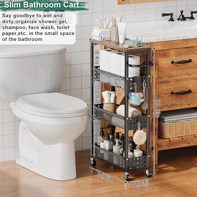 Utility Slim Storage Cart, Skinny Rolling Spice Rack with Table Top, Small Laundry Organizers and Storage Shelves for Between Washer and Dryer, Thin Shelf for Narrow Spaces, 4 Tier Bathroom Cabinet