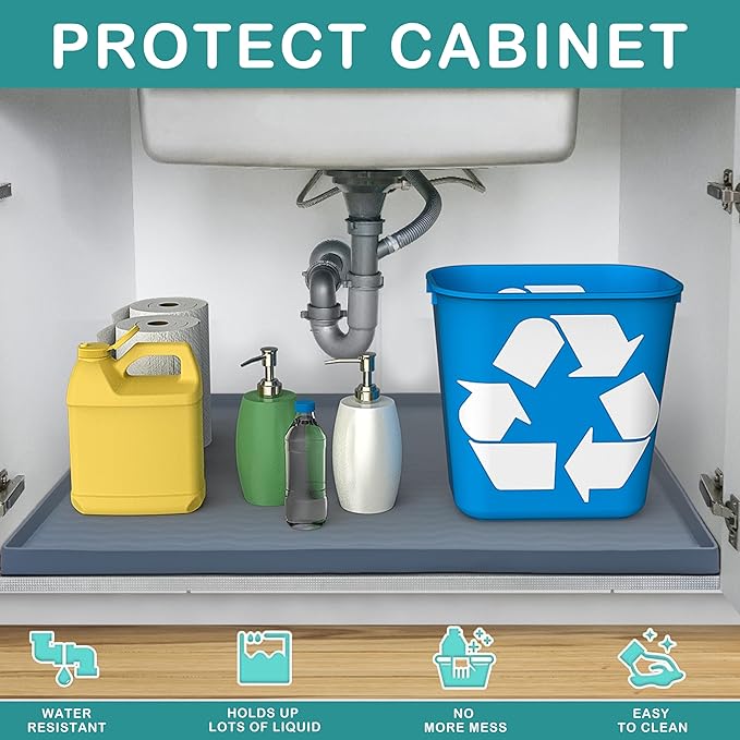 URMONA Waterproof Silicone Under Sink Mat 28'' x 19'' Shelf Liner for Kitchen and Bathroom, Cabinet and Counter Protector, Storage and Organizers, Litter Mat, Pet Cat Puppy Essentials(Cream)