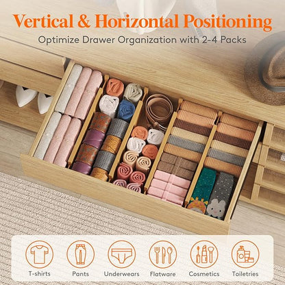 Lifewit 4 Pack 4" High Bamboo Drawer Dividers, 17-21.5" Adjustable Drawer Organizers for Clothes, Wood Dresser Drawer Divider, Expandable Deep Drawer Separators for Dresser, Kitchen, Bedroom, Bathroom