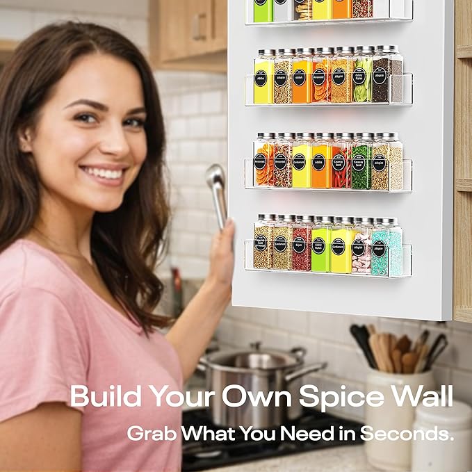Wall Mounted Acrylic Spice Rack 2 Pack, 9 Inch Clear Pantry Door Organizer, Floating Spice Organizer, Adhesive or Screw Mounted Cabinet Seasoning Shelf