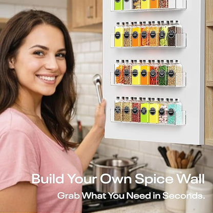 Wall Mounted Acrylic Spice Rack 2 Pack, 9 Inch Clear Pantry Door Organizer, Floating Spice Organizer, Adhesive or Screw Mounted Cabinet Seasoning Shelf