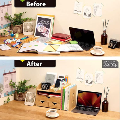 Pandorama Bamboo Desk Organizer with Adjustable File & Book Holder, Large 4Tier Dektop Storage for Office, A4 Full Size Drawer, No Assembly Required,Kitchen and Bedroom