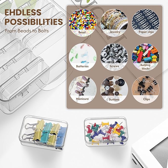 Small Bead Organizers and Storage, 12 Clear Plastic Boxes with Hinged Lids, for Beads, Jewelry Making, Crafts, Hardware, Fishing Tackle, Small Parts (32 Labels)