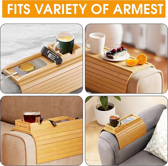 Bamboo Couch Cup Holder Tray with 2 Cork Coasters, Couch Caddy, Anti-Slip Foldable Armrest Sofa Tray, Couch Armrest Table, Anti-Spill Holder for Remote, Snacks, Cellphone - Ideal Gift