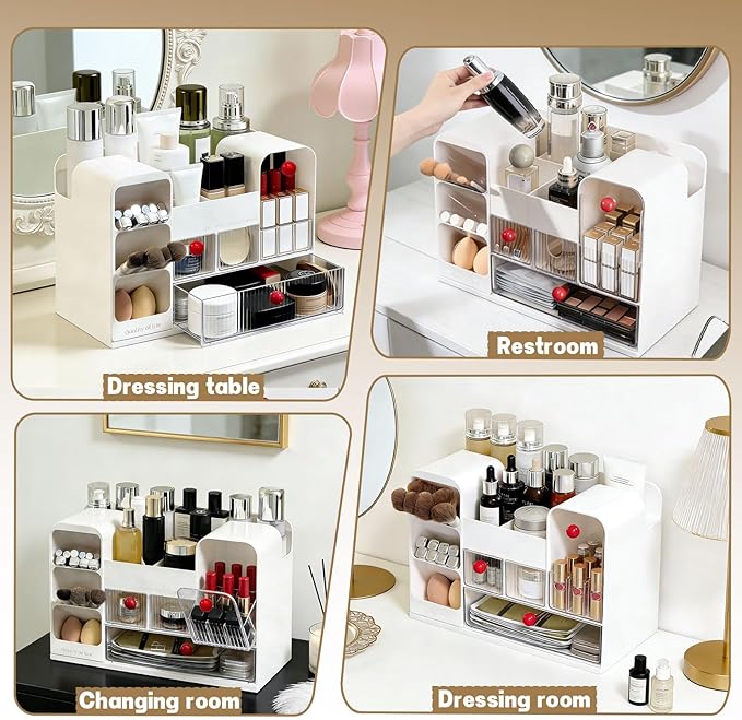 LLNTOU Makeup Organizer for Vanity with Brush Holder, Large Cosmetic & Skincare Organizer Countertop with Muti-Drawers, Cosmetic Display Case for Lipsticks, Nail Polishes, Perfumes, Eyeshadow (white)