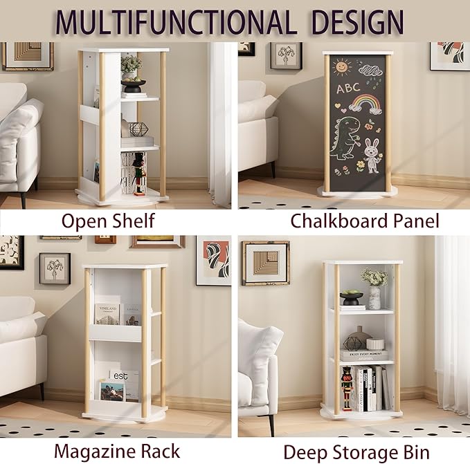 Kids Rotating Bookshelf, 360° Spinning Bookcase with Chalkboard, 3 Tier Wooden Toy Storage Shelf & Picture Book Organizer for Toddlers Nursery Playroom Bedroom, White & Natural