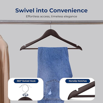 SereneLife 50-Pack Wooden Coat Hangers – Durable Suit Hangers with 360° Swivel Hook & Notches – Slim Design for Shirts, Jackets, Dresses, and More (Brown)
