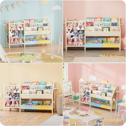 B5 Kids Bookshelf and Toy Storage, Book Shelf for Kids Rooms, Sling Toddler Book Shelves with Stuffed Animal Storage, Montessori Baby Bookcase for Nursery, Bedroom, Playroom, Blue and Yellow