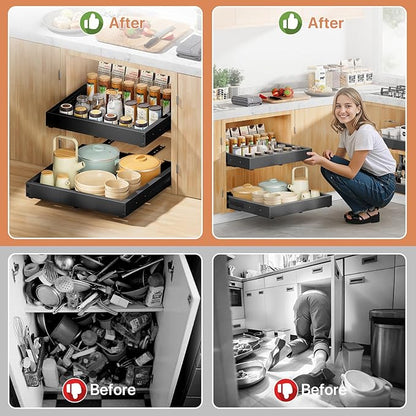 BUFOR 2 Pack Pull out Cabinet Organizer, Width (12"-19") Depth (17"-23"), with 3 Rails Adjustable Slide, Expandable Pullout Drawers for Cabinets, No Drill Adhesive Kitchen Drawers for Pantry Shelves