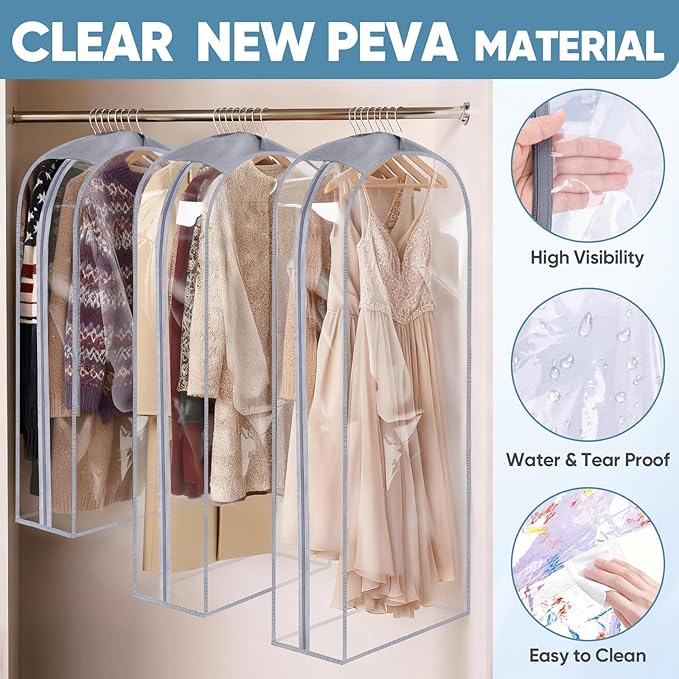 BALEINE 40'' Clear Garment Bags for Hanging Clothes, 10.5'' Wide PEVA Suit Bag for Closet Clothes Dresses Coat (Clear, 3PK)