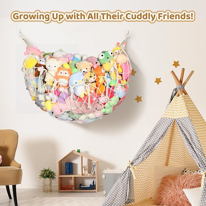 Yecaye 60 IN Stuffed Animal Net Hammock Large, Hanging Stuffed Animal Storage with Handmade Macrame Tassels, Net for Stuffed Animals Corner Large for Nursery Living Room Wall Decoration, Cream White