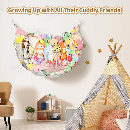 Yecaye 60 IN Stuffed Animal Net Hammock Large, Hanging Stuffed Animal Storage with Handmade Macrame Tassels, Net for Stuffed Animals Corner Large for Nursery Living Room Wall Decoration, Cream White