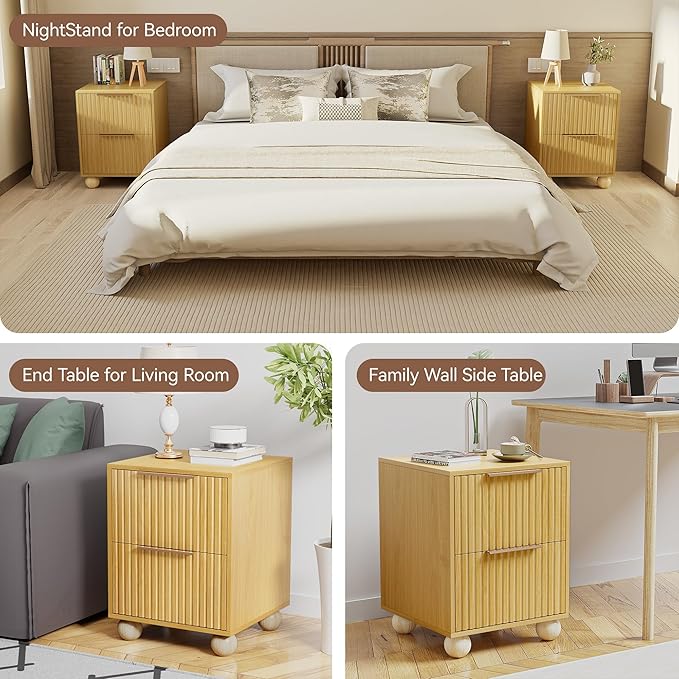 HOCAT Fluted Nightstand, Natural Oak Finish Bedside Table with Spacious Storage Drawers, Night Stand with Solid Wood Round Legs for Bedroom, End Table, Side Table