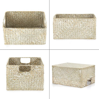 Hipiwe Seagrass Storage Basket Bin Rectangular Handwoven Wicker Storage Box with Handle Opened Baskets for Shelf Organizing Closet Bathroom, 13.3 x 9.8 x 6.7 Inch
