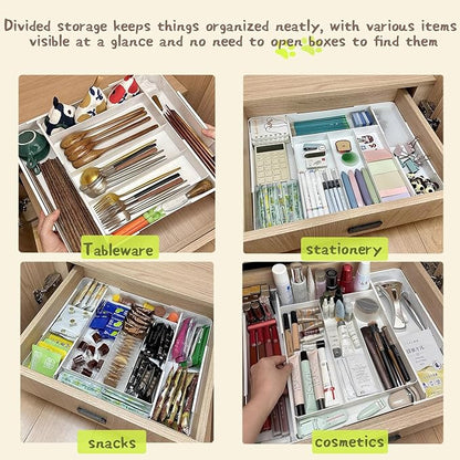 Utensil Organizer Silverware Drawer Organizer for Utensil Holder expandable in four directions W10.63∼20.08×D10.63∼20.08×H2 for Utensil Holder Makeup Desk Drawer Tool Organization (white)