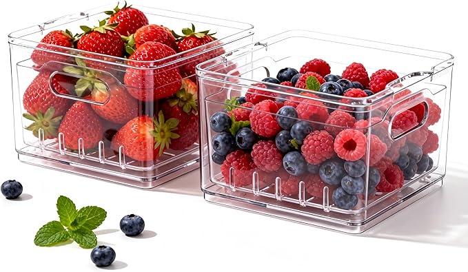Tayuoo Transparent PET Fruit Draining and Washing colander food storage boxes plastic cookie containers refrigerator organizers (2, Square)