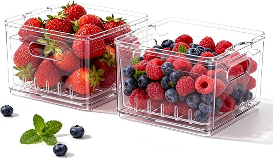 Tayuoo Transparent PET Fruit Draining and Washing colander food storage boxes plastic cookie containers refrigerator organizers (2, Square)