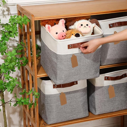 Uiifan 10 Pcs Collapsible Storage Bins Fabric Foldable Storage Basket with Handles Cloth Organizer Linen Shelf Baskets for Shelves Home Closet Nursery Toys(12 x 12 x 12 Inch,Gray and White)