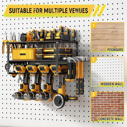 Power Tool Organizer Wall Mount - 200Lbs Load 3 Layers Storage Rack with 4 Drill Holders for Drills Cordless Tools. Heavy Duty Iron Garage Tool Organizer Storage for Workshop Shed Pegboard Basement
