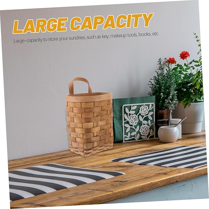 Garneck Wall Hanging Woven Storage Basket Wood Wall Mounted Organizer with Handle Compact Nordic Style Storage Bin for Kitchenware Makeup Tools and Keys Carbonized Color